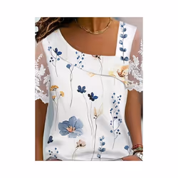 Fashion White Lace Short Sleeve Tops Women T Shirt Summer Casual Buttons Office T-shirt Tshirt Top Femme - WHITE, L