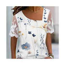 Fashion White Lace Short Sleeve Tops Women T Shirt Summer Casual Buttons Office T-shirt Tshirt Top Femme - print, S