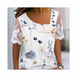 Fashion White Lace Short Sleeve Tops Women T Shirt Summer Casual Buttons Office T-shirt Tshirt Top Femme - print, L