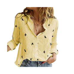 Casual Long Sleeve Birds Print Loose T Shirts Women Oversized Cotton and Linen Blouses and Tops Vintage Streetwear Tunic Tees - Yellow, XXL