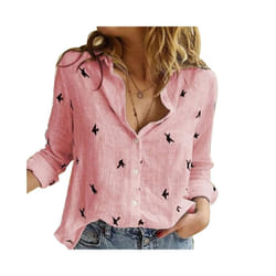 Casual Long Sleeve Birds Print Loose T Shirts Women Oversized Cotton and Linen Blouses and Tops Vintage Streetwear Tunic Tees - Pink, XXL