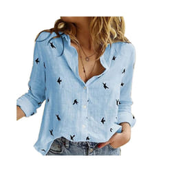Casual Long Sleeve Birds Print Loose T Shirts Women Oversized Cotton and Linen Blouses and Tops Vintage Streetwear Tunic Tees - SKY BLUE, XXXL