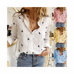 Casual Long Sleeve Birds Print Loose T Shirts Women Oversized Cotton and Linen Blouses and Tops Vintage Streetwear Tunic Tees - SKY BLUE, L