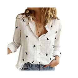 Casual Long Sleeve Birds Print Loose T Shirts Women Oversized Cotton and Linen Blouses and Tops Vintage Streetwear Tunic Tees - WHITE, XL