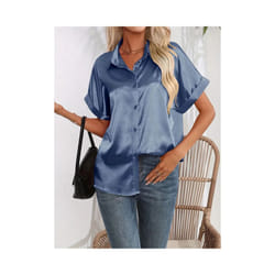 Casual Turn-Down Collar Button Front Solid Color Short Sleeved Satin Shirt Women Summer Blouse - Blue, XXL