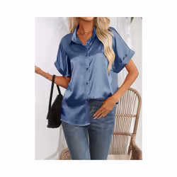 Casual Turn-Down Collar Button Front Solid Color Short Sleeved Satin Shirt Women Summer Blouse - Blue, S