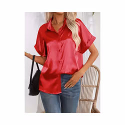 Casual Turn-Down Collar Button Front Solid Color Short Sleeved Satin Shirt Women Summer Blouse - Red, XL