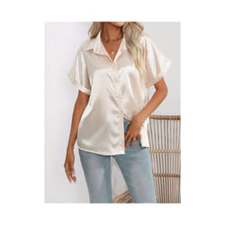 Casual Turn-Down Collar Button Front Solid Color Short Sleeved Satin Shirt Women Summer Blouse - Champagne, XXL