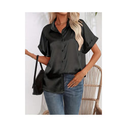 Casual Turn-Down Collar Button Front Solid Color Short Sleeved Satin Shirt Women Summer Blouse - Black, L
