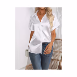 Casual Turn-Down Collar Button Front Solid Color Short Sleeved Satin Shirt Women Summer Blouse - White, L