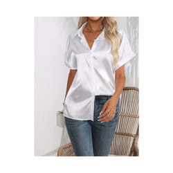 Casual Turn-Down Collar Button Front Solid Color Short Sleeved Satin Shirt Women Summer Blouse - White, L