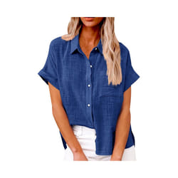 Women's Simple and fashion shirt Casual Classic Shirts Cotton Linen Short Sleeve Lapel Button Down Shirt temperament Tops traf - Blue, M