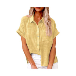 Women's Simple and fashion shirt Casual Classic Shirts Cotton Linen Short Sleeve Lapel Button Down Shirt temperament Tops traf - Yellow, L