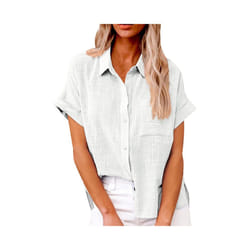 Women's Simple and fashion shirt Casual Classic Shirts Cotton Linen Short Sleeve Lapel Button Down Shirt temperament Tops traf - White, XL