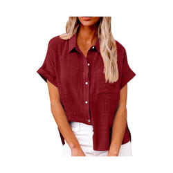 Women's Simple and fashion shirt Casual Classic Shirts Cotton Linen Short Sleeve Lapel Button Down Shirt temperament Tops traf - Wine, L