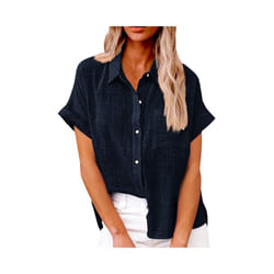 Women's Simple and fashion shirt Casual Classic Shirts Cotton Linen Short Sleeve Lapel Button Down Shirt temperament Tops traf - Navy, M