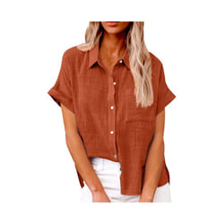 Women's Simple and fashion shirt Casual Classic Shirts Cotton Linen Short Sleeve Lapel Button Down Shirt temperament Tops traf - Saffron, XL
