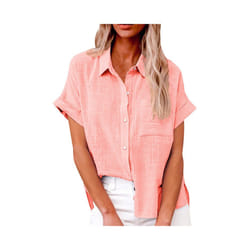 Women's Simple and fashion shirt Casual Classic Shirts Cotton Linen Short Sleeve Lapel Button Down Shirt temperament Tops traf - Pink, XL