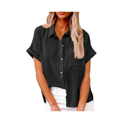 Women's Simple and fashion shirt Casual Classic Shirts Cotton Linen Short Sleeve Lapel Button Down Shirt temperament Tops traf - Black, XL