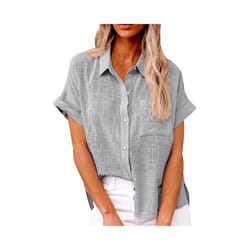 Women's Simple and fashion shirt Casual Classic Shirts Cotton Linen Short Sleeve Lapel Button Down Shirt temperament Tops traf - Gray, S
