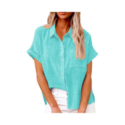 Women's Simple and fashion shirt Casual Classic Shirts Cotton Linen Short Sleeve Lapel Button Down Shirt temperament Tops traf - Cyan, XXL