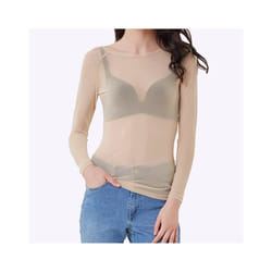 Women Mesh Tops Women's See Through Long Sleeve Seamless Arm Top Mesh Shirt Summer Lightweight Breath Comfty Pure Desire Tops - Beige, L