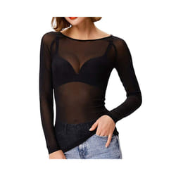 Women Mesh Tops Women's See Through Long Sleeve Seamless Arm Top Mesh Shirt Summer Lightweight Breath Comfty Pure Desire Tops - Black, M