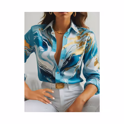 Women's Elegant Marble Print Long Sleeve Work Shirt Spring & Summer Long Sleeve Tops - SKY BLUE, S