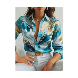 Women's Elegant Marble Print Long Sleeve Work Shirt  Spring & Summer Long Sleeve Tops - SKY BLUE, S