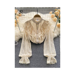 SINGREINY Elegant French Blouse Women Temperament Sweet Ruffles Loose Casual Tops Spring Long Sleeve Streetwear White Shirts - Apricot, One Size