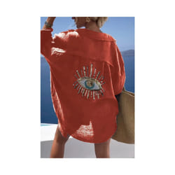 Casual Women's Shirt Spring Summer Fashion Beach Style Loose Button Sunscreen Cotton Linen Shirt Dress Casual Femme Top - Orange, XL