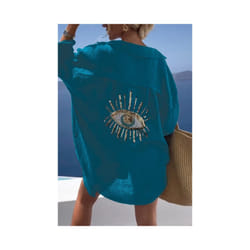 Casual Women's Shirt Spring Summer Fashion Beach Style Loose Button Sunscreen Cotton Linen Shirt Dress Casual Femme Top - Blue, XL