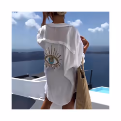 Casual Women's Shirt Spring Summer Fashion Beach Style Loose Button Sunscreen Cotton Linen Shirt Dress Casual Femme Top - Blue, XL