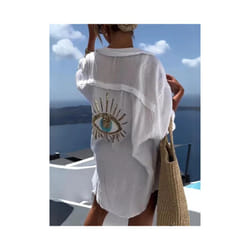 Casual Women's Shirt Spring Summer Fashion Beach Style Loose Button Sunscreen Cotton Linen Shirt Dress Casual Femme Top - WHITE, L