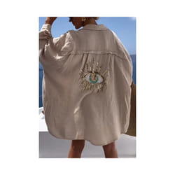 Casual Women's Shirt Spring Summer Fashion Beach Style Loose Button Sunscreen Cotton Linen Shirt Dress Casual Femme Top - Khaki, L