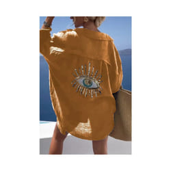 Casual Women's Shirt Spring Summer Fashion Beach Style Loose Button Sunscreen Cotton Linen Shirt Dress Casual Femme Top - Yellow, L