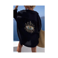 Casual Women's Shirt Spring Summer Fashion Beach Style Loose Button Sunscreen Cotton Linen Shirt Dress Casual Femme Top - black, S