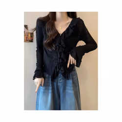 Large Size French Lace Long-sleeved Shirt for Women Early Autumn Ruffle V-neck Flared Sleeve Top - black, XXL