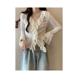 Large Size French Lace Long-sleeved Shirt for Women Early Autumn Ruffle V-neck Flared Sleeve Top - Beige, XXL