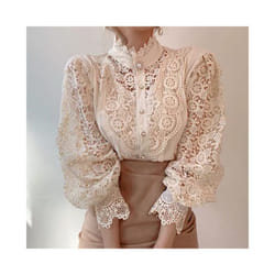 Vintage Solid White Lace Blouse Shirts Women New Korean Button Loose Shirt Tops Female Hollow Casual Ladies Blouses Blusas - Apricot, XXL