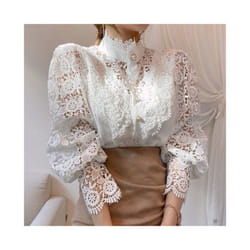 Vintage Solid White Lace Blouse Shirts Women New Korean Button Loose Shirt Tops Female Hollow Casual Ladies Blouses Blusas - WHITE, XXL