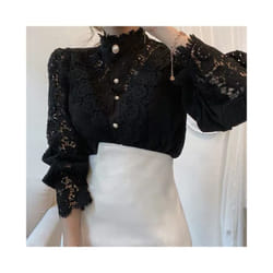 Vintage Solid White Lace Blouse Shirts Women New Korean Button Loose Shirt Tops Female Hollow Casual Ladies Blouses Blusas - black, S