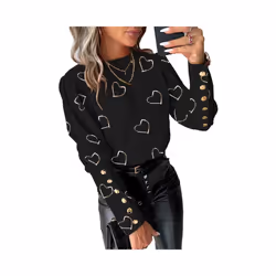 Round Neck Shirt Heart Print Long Sleeve Blouse for Women Round Neck Loose Button Decor Shirt Soft Breathable Ol Commute Styl ...