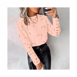 Round Neck Shirt Heart Print Long Sleeve Blouse for Women Round Neck Loose Button Decor Shirt Soft Breathable Ol Commute Style - Black, M