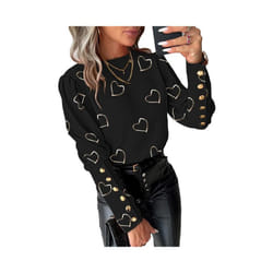 Round Neck Shirt Heart Print Long Sleeve Blouse for Women Round Neck Loose Button Decor Shirt Soft Breathable Ol Commute Style - Black, S