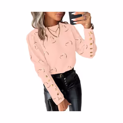 Round Neck Shirt Heart Print Long Sleeve Blouse for Women Round Neck Loose Button Decor Shirt Soft Breathable Ol Commute Styl ...