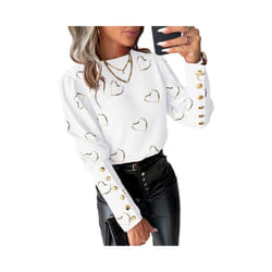 Round Neck Shirt Heart Print Long Sleeve Blouse for Women Round Neck Loose Button Decor Shirt Soft Breathable Ol Commute Style - White, S