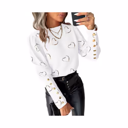 Round Neck Shirt Heart Print Long Sleeve Blouse for Women Round Neck Loose Button Decor Shirt Soft Breathable Ol Commute Styl ...