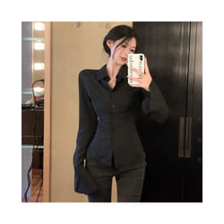 Women Sexy Slim Black White Chiffon Shirt Korean Fashion Tunic Back Lace-up Flare Sleeve Blouses Turn-down Collar Shirts Autumn - black, M