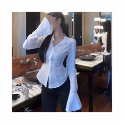 Women Sexy Slim Black White Chiffon Shirt Korean Fashion Tunic Back Lace-up Flare Sleeve Blouses Turn-down Collar Shirts Autumn - black, M